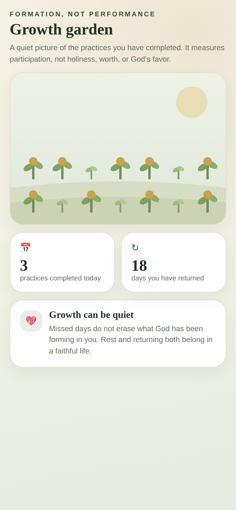 The Graceward growth garden screen showing gentle, non-gamified progress.